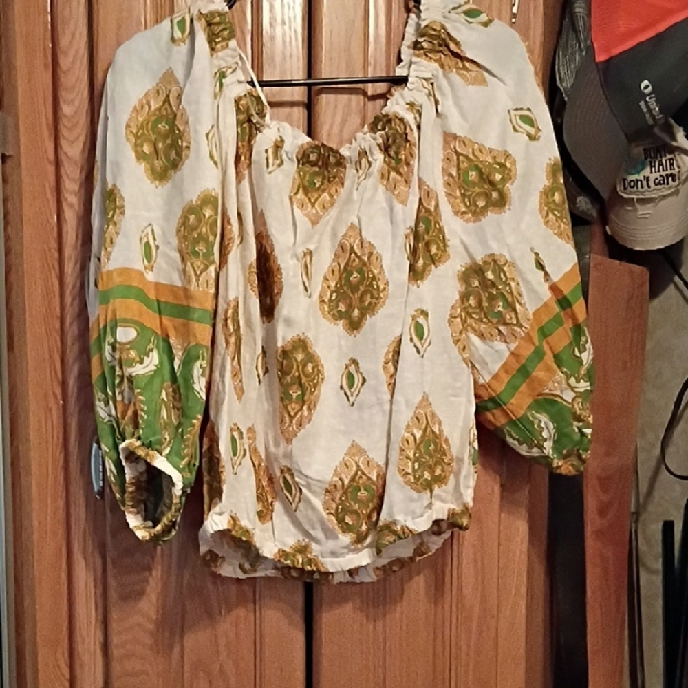 Haute Hippie White Blouse with Green and Gold Pattern